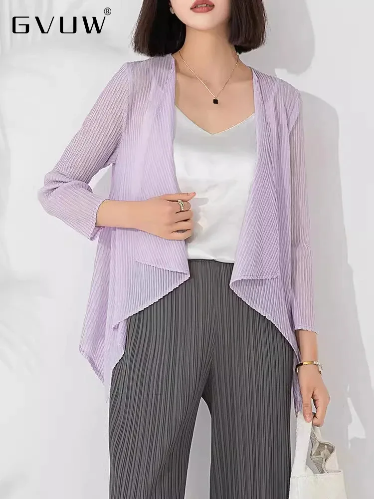 

GVUW Pleated Lapel Jackets Women Open Stitch Full Sleeve Solid Color Irregular Hem Outwear New 2024 Female Clothing 17G6251