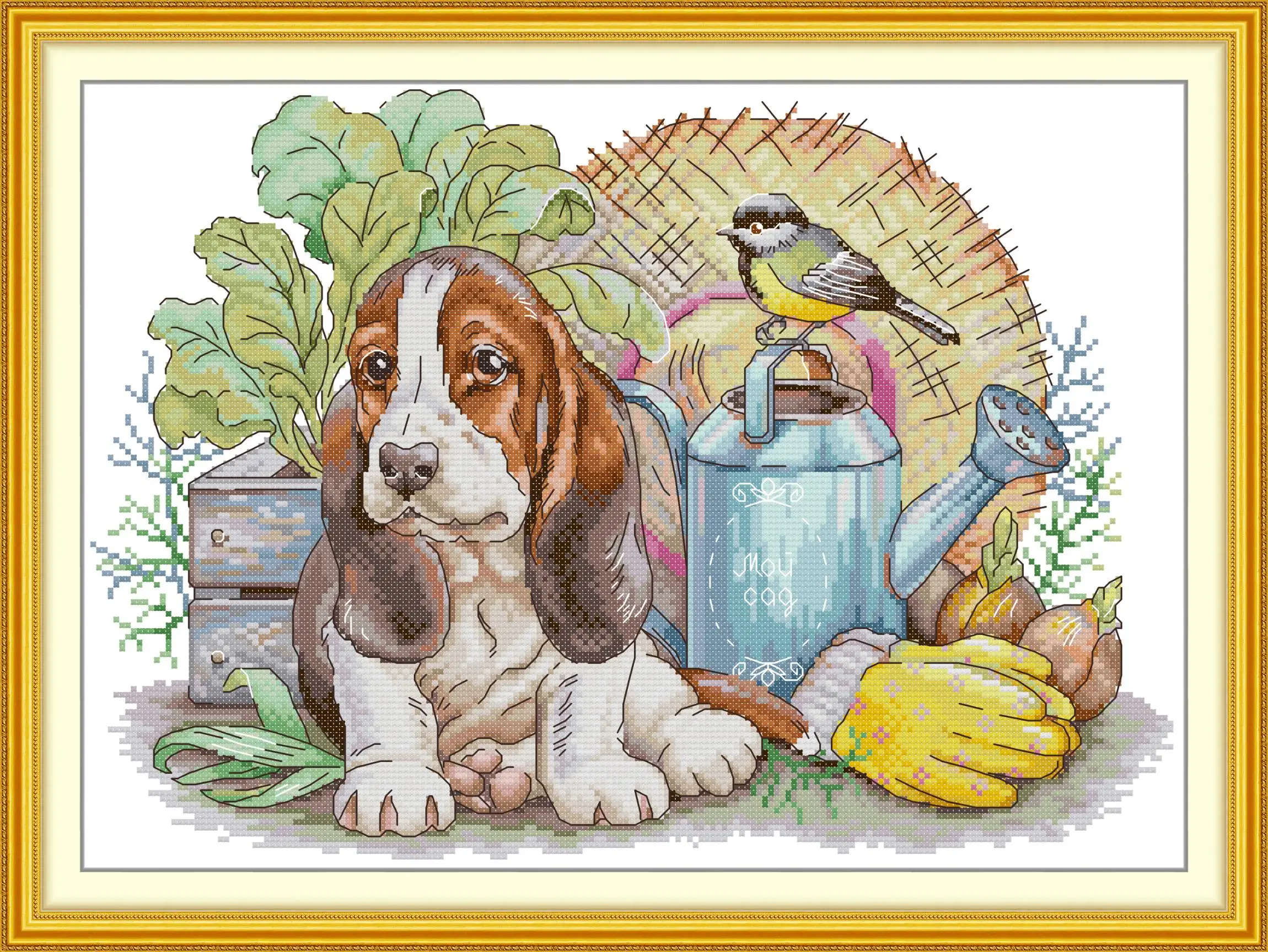 

Maydear Full Cross Stitch Kit, 11CT/14CT/16CT/9CT Aida Fabric,DMC Threads Sewing Pattern Embroidery Set-Garden Puppy