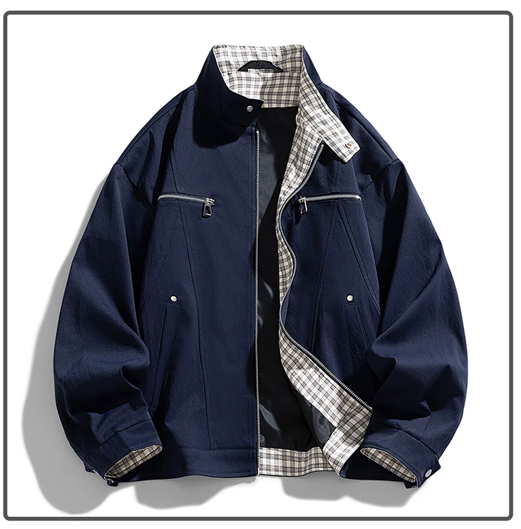 Herren Stehkragen-Freizeitjacke – Einfarbige, locker sitzende Windjacke mit Reißverschluss und Karofutter, Streetwear-Oberbekleidung – Detail 9