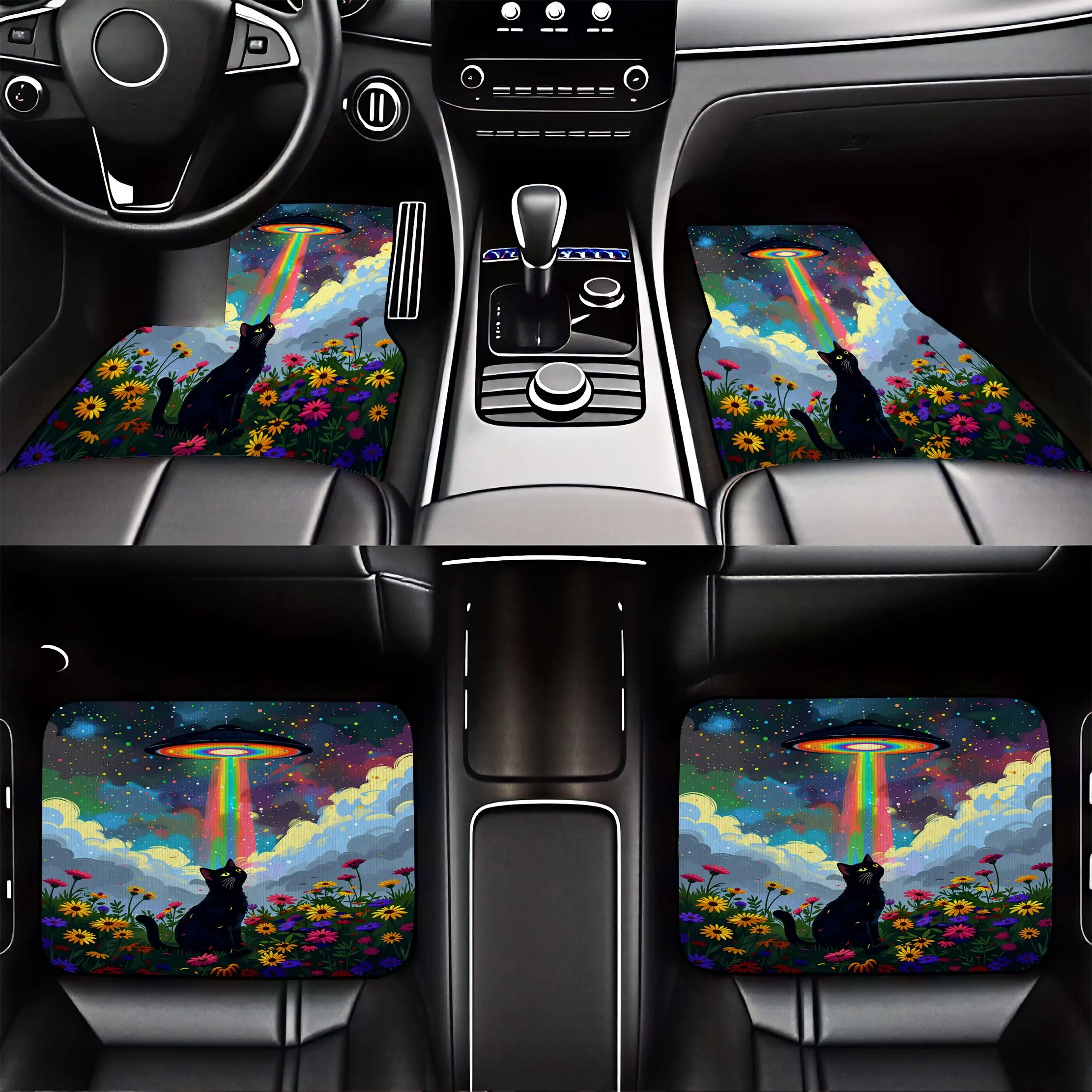 4pcs Cat And Ufo Rainbow Flower Field Crystal Velvet Car Floor Mats - Dust Resistant Durable Psychedelic Art Style Suitable For