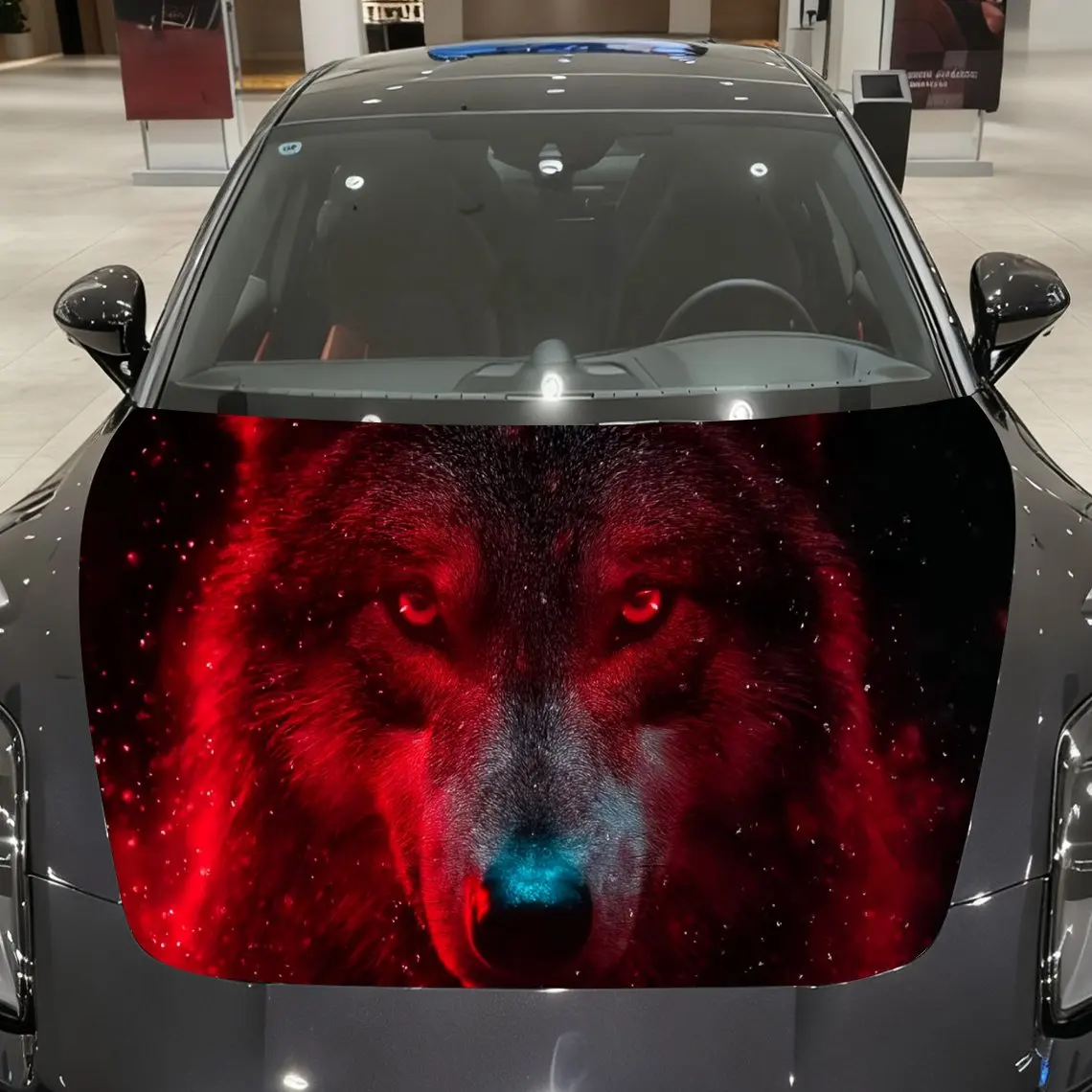

Red Flame Wolf Surrounding Stardust Car Vinyl Wrap, PVC Material Waterproof Car Hood Sticker, Self-Adhesive Scratch-Resistant St