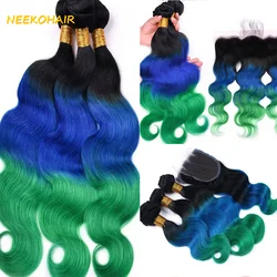 Ombre 1B/Blue/Green 3 Bundles With 13x4 Frontal Weave Body Wave Remy 100% Human Hair Ombre 3t 3 Bundles With 4X4 Closure