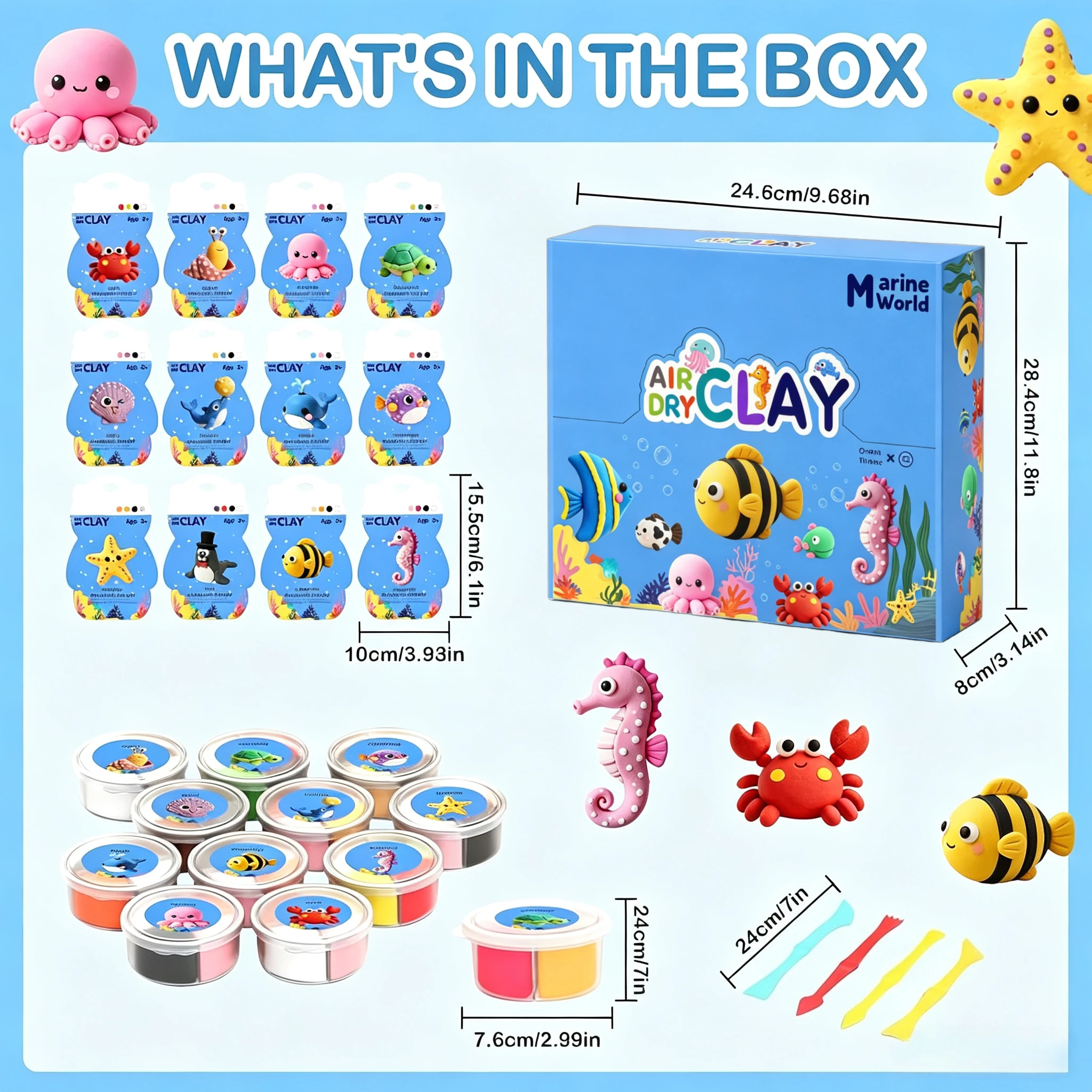 Air Dry Clay Kit, 12 Ocean Animal Molds, full DIY tools & tutorials, soft non-sticky clay, creative kids gift for Children’s Day
