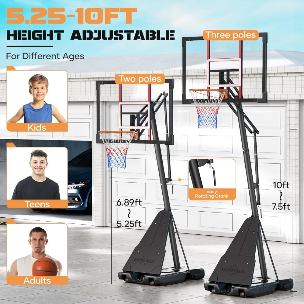 Aro de baloncesto portátil para exteriores de 10 pies con altura ajustable, tablero trasero de 44-48 pulgadas, continuo para todas las edades