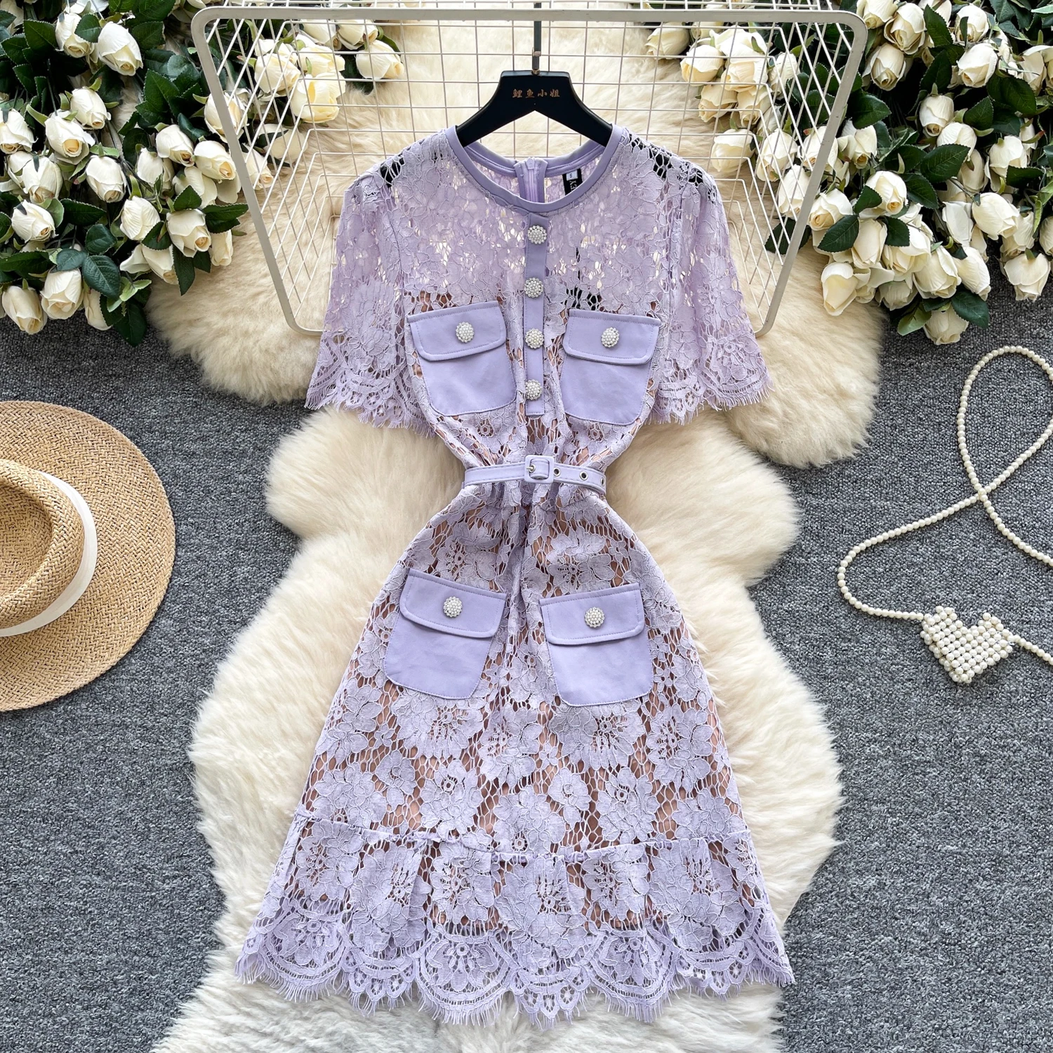 

Light Luxury Court Style High-end Sense Women's Dress Summer Tulle Crochet Belt Slimming Unique Sophisticated Midi Dress Fashion