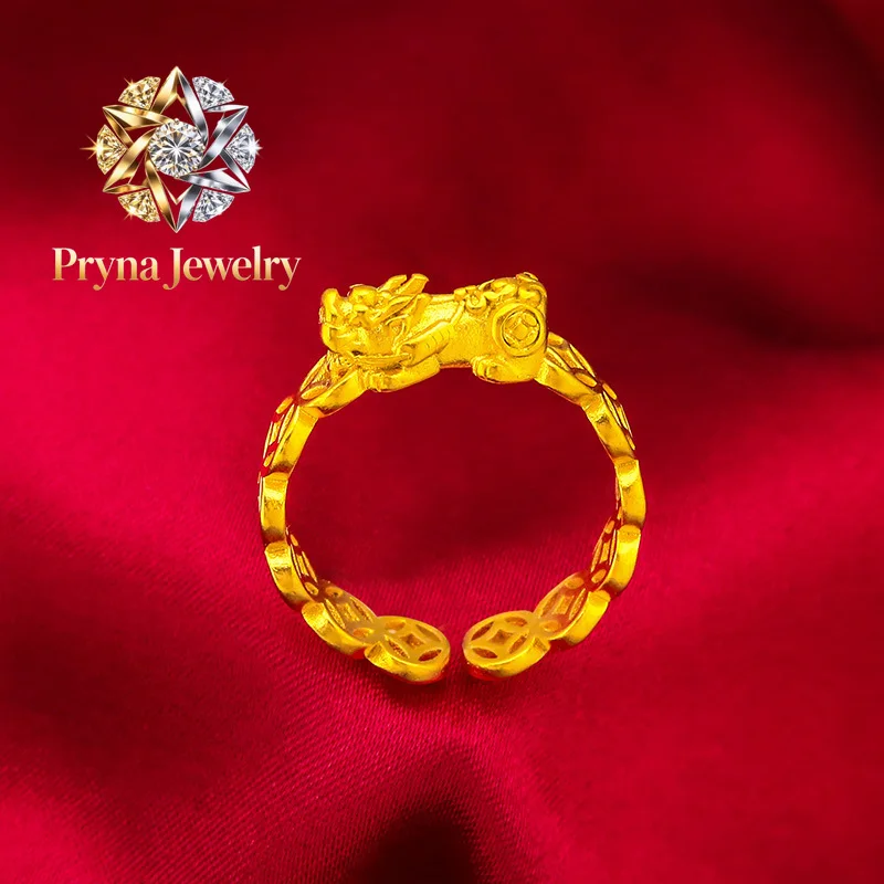 Pryna Jewelry  24K gold ring AU999 full gold, agile Pixiu shape, adjustable opening, daily wear brings wealth and happiness to s
