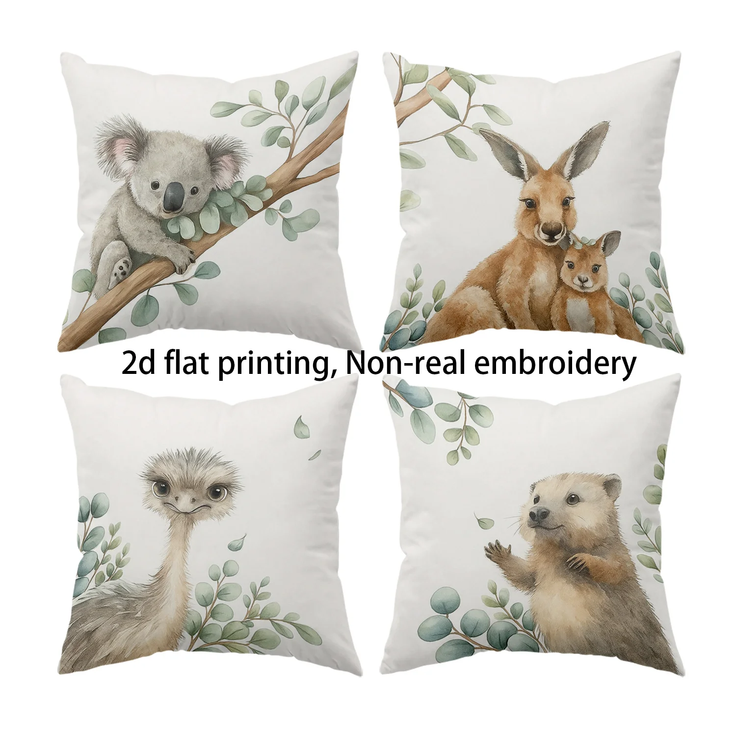 4pcs Australian Style Natural Eco-Friendly Pillowcase Set, Featuring Koalas, Kangaroos, Emus, and Wombats.
