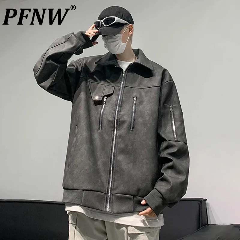 

PFNW American Zipper Design Leather Jacket Men's Korean Lapel Long Sleeve Trendy Coats High Street 2024 Autumn New Tops 28W4803