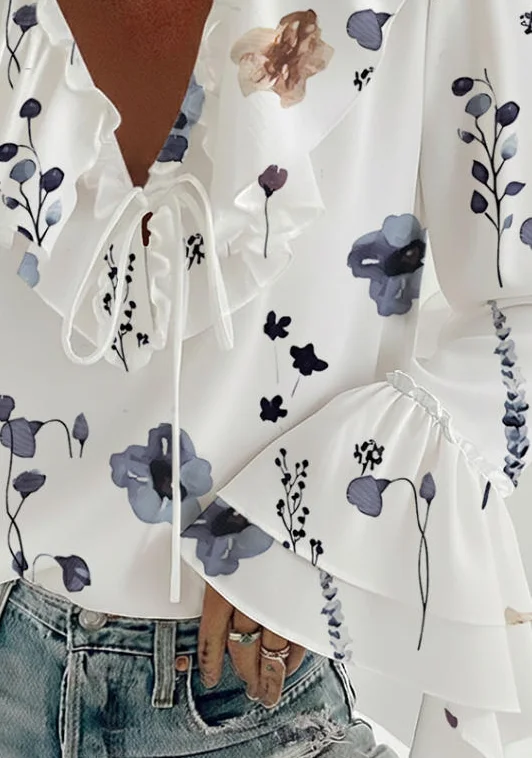 

Woman Blouse 2026 Spring Autumn New Fashion Floral Print Flared Sleeve N-Neck Ruffles Design Long Sleeve Loose Fit Casual Shirt