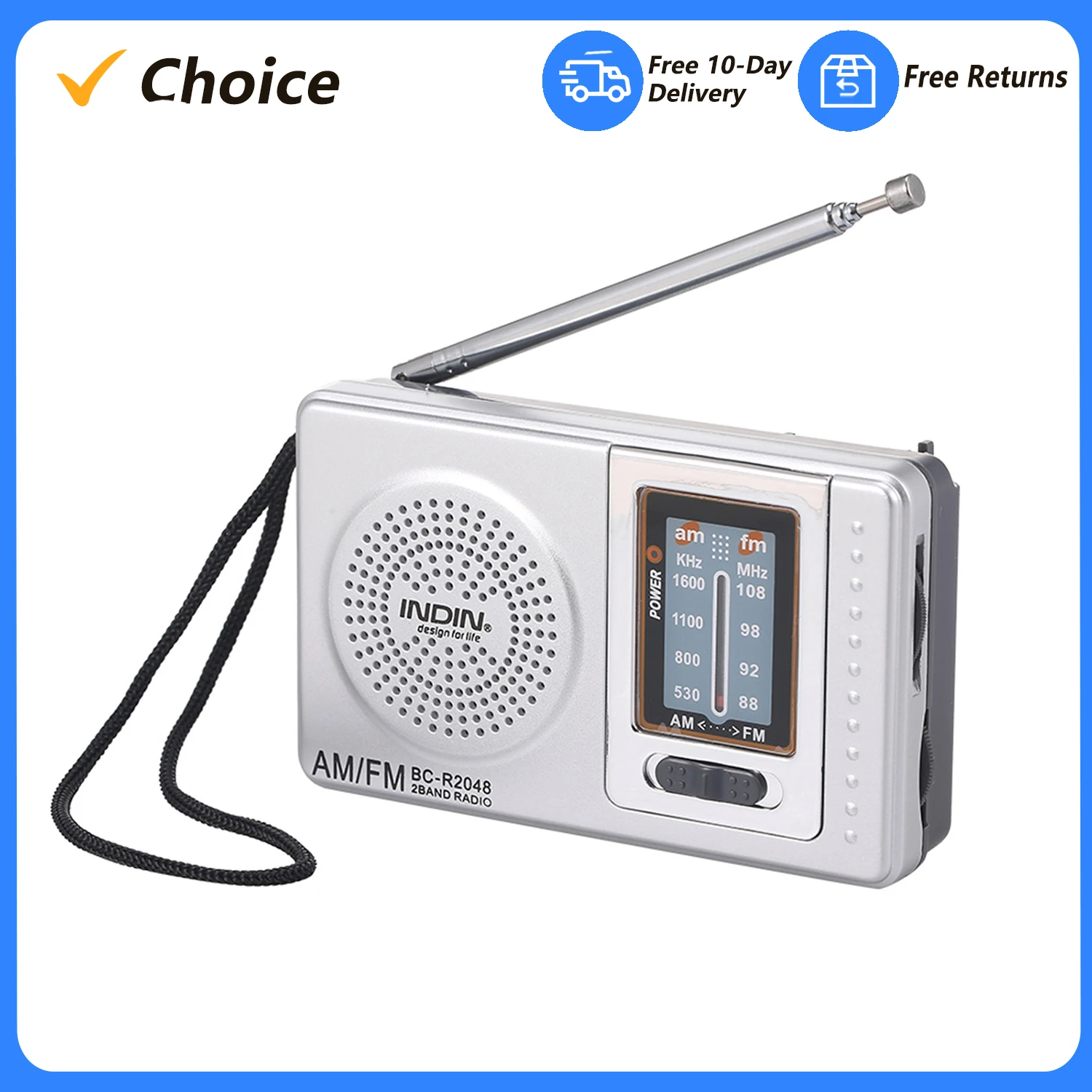 INDIN BC-R2048 Mini AM FM Radio 2 Band Radio Receiver Portable Pocket Radio Built-in Speaker Headphone Jack Telescopic Antenna