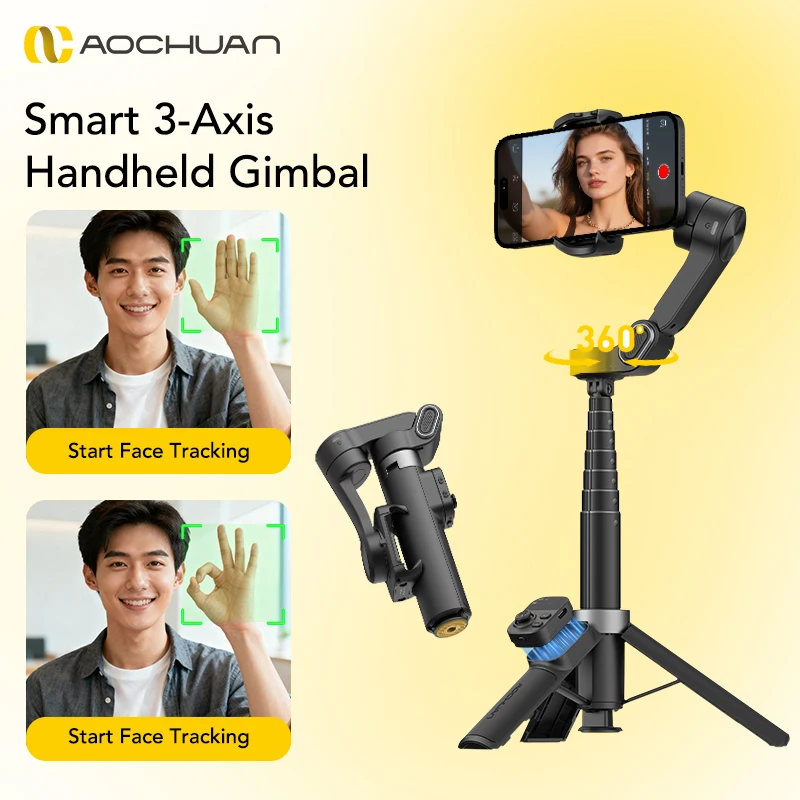 AOCHUAN Smart X3 360° Pan Rotation Gimbal Stabilizer For iPhone And Android Smartphone 3-Axis Stabilizer W/Built-in Extension Rod & One-Touch Open Tripod, Foldable Phone Gimbal for Vlogging, Travel view 2