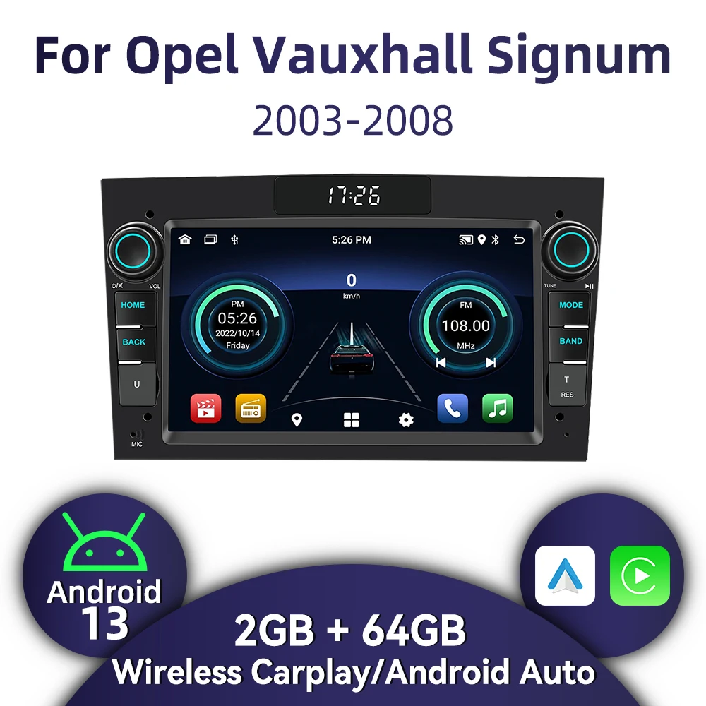 7" 2 Din Android-Autoradio mit kabellosem Carplay/GPS/BT für Opel Vauxhall Signum 2003–2008, Auto-Multimedia-Radio-Kopfeinheit