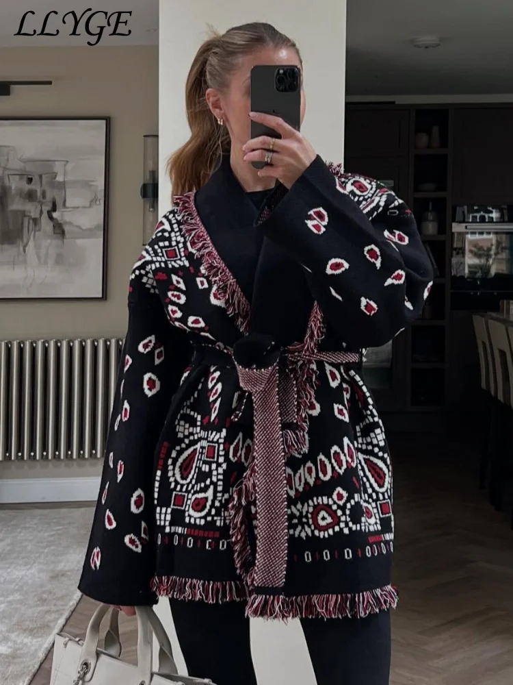 Elegant Knit Jacquard Tassel Belt Cardigan Women Lace Up Lapel Long Sleeve Warm Sweater 2026 Autumn Winter Lady Knitwears New 5 Elegant Knit Jacquard Tassel Belt Cardigan Women Lace Up Lapel Long Sleeve Warm Sweater 2026 Autumn Winter Lady Knitwears New 5