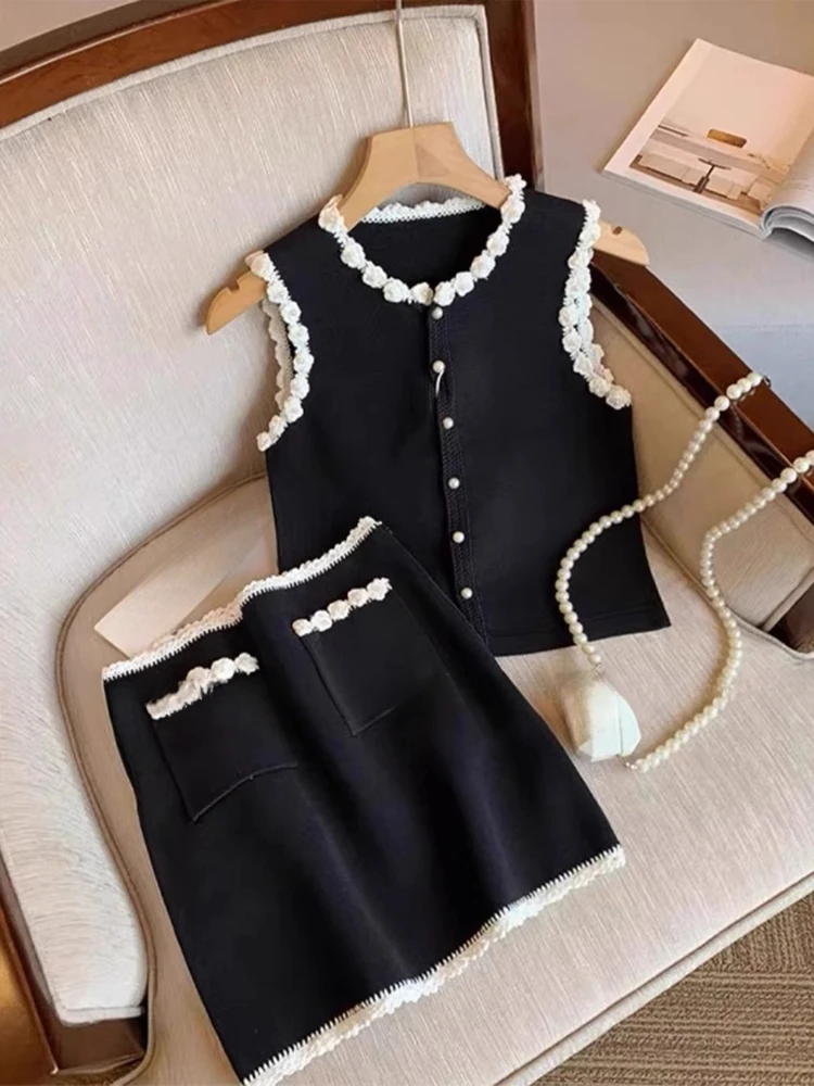 

Small Fragrance Matching Sets Sleeveless Single Breasted Vests+high Waist Pockets Mini Skirts Contrast Color 2025 Women Clothing