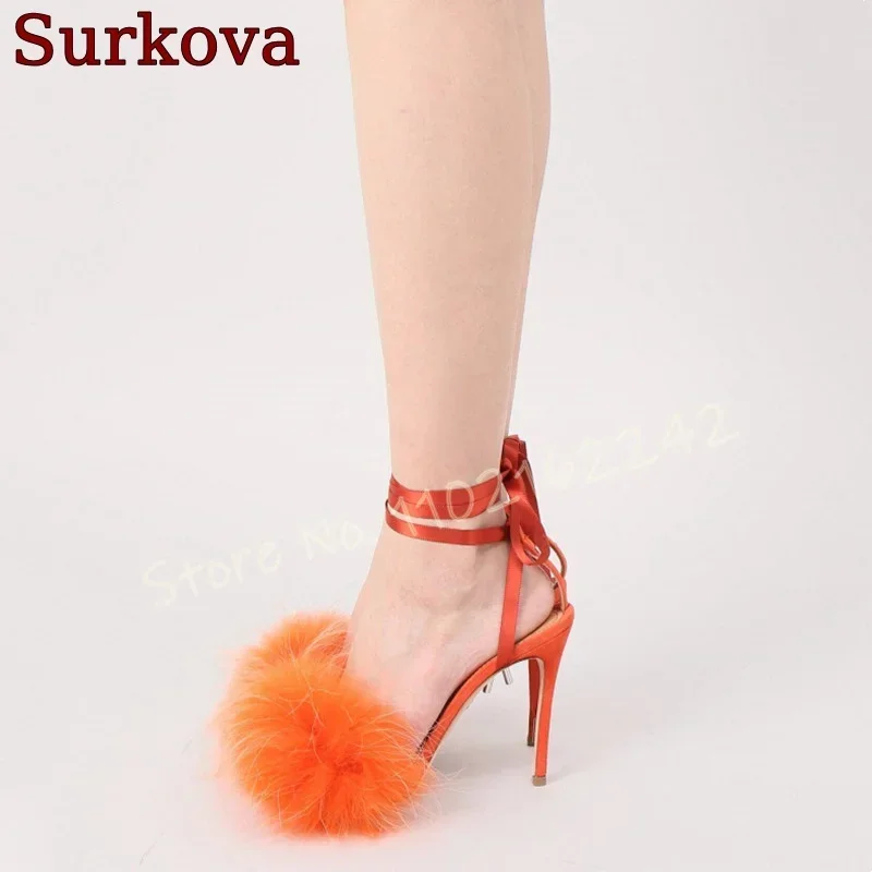 

Women'S Open Toe Furry High Heels Orange Round Toe Stiletto Ankle Strap Evening Shoes Summer Sexy Nightclub Dress Modern Sandals
