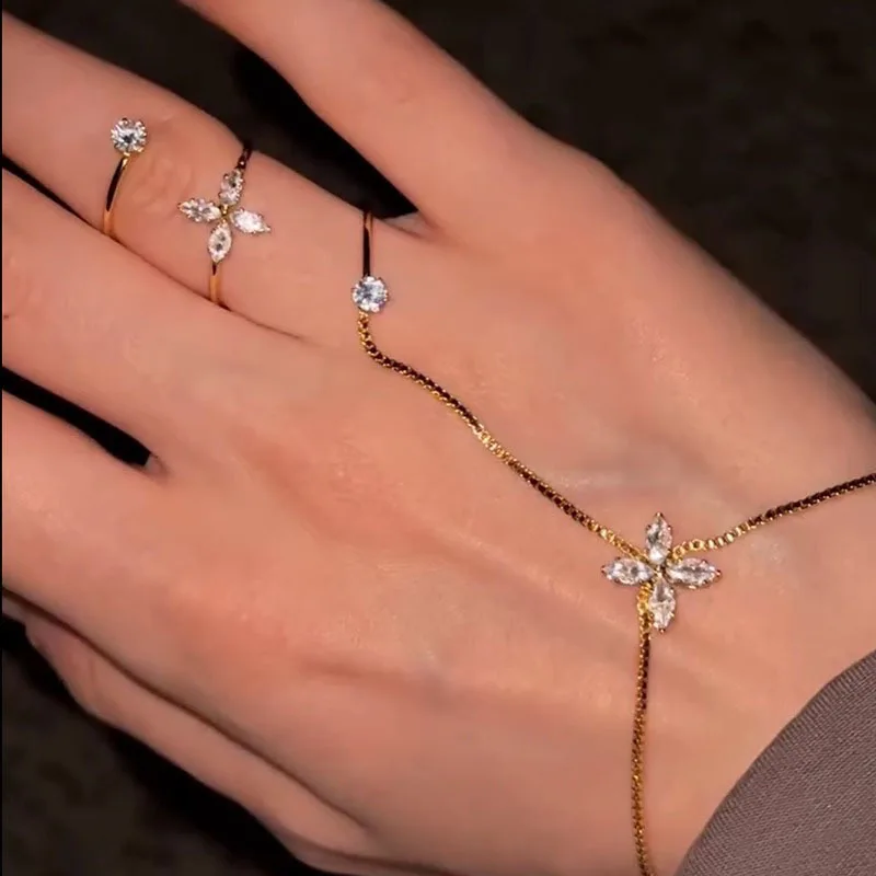 Sparkling Rhinestone Tassel Bracelet Ring Set Adjustable Alloy Flower Jewelry for Women Sweet Fashion