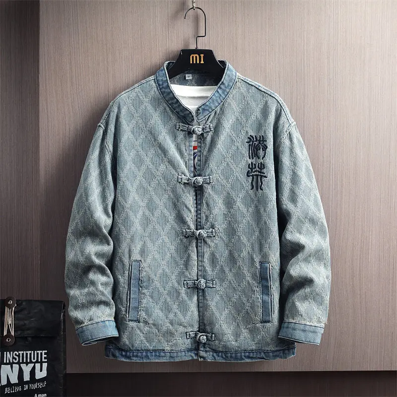 

Men's Casual Baseball Collar Denim Jaet Faionable Waed Jeans Coat Spring Autumn Stand Fit Long Sve Outerwear