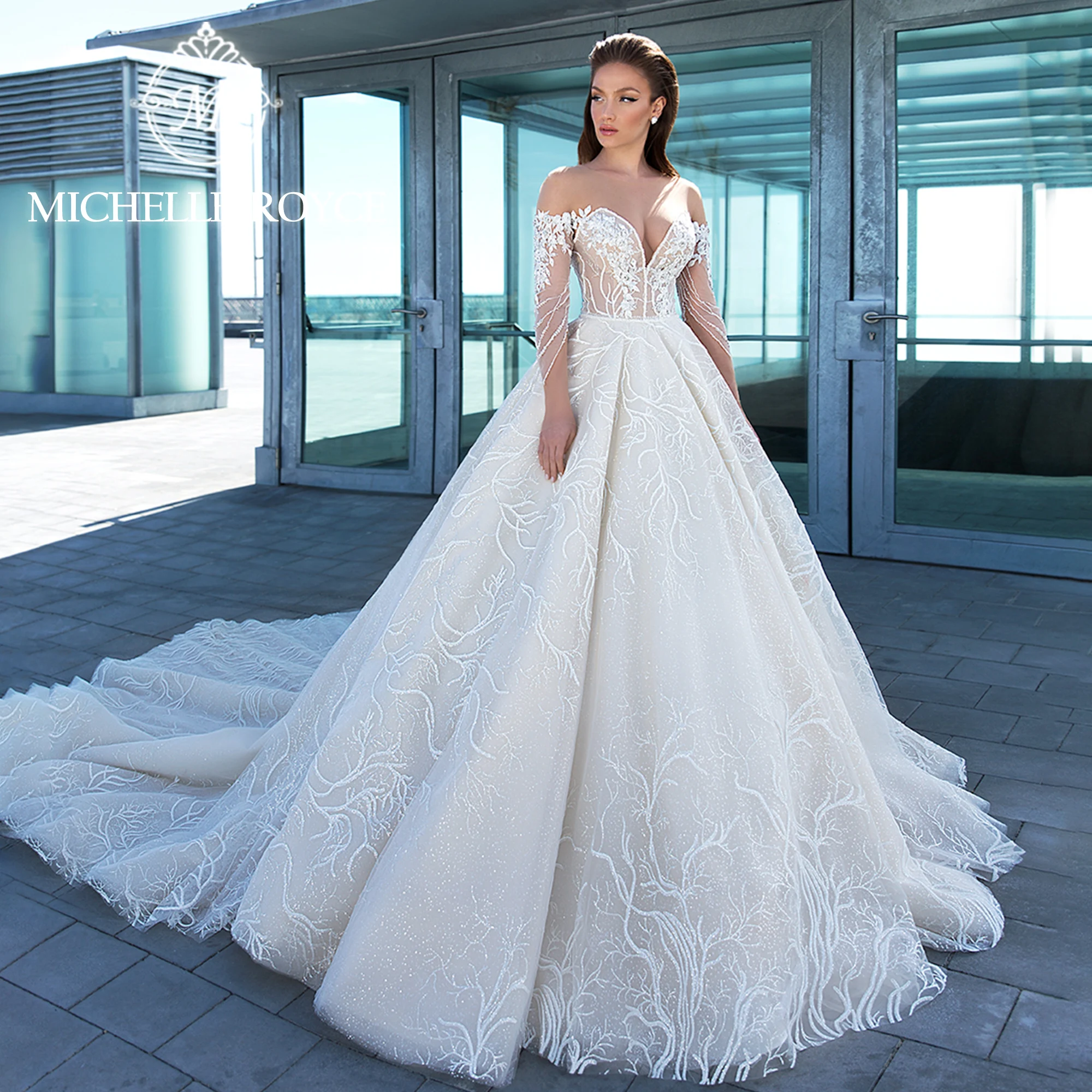 

Michelle Royce Ball Gown Wedding Dress 2023 Sweetheart Long sleeve Appliques Floral Print Draped Wedding Gown Vestidos De Novia