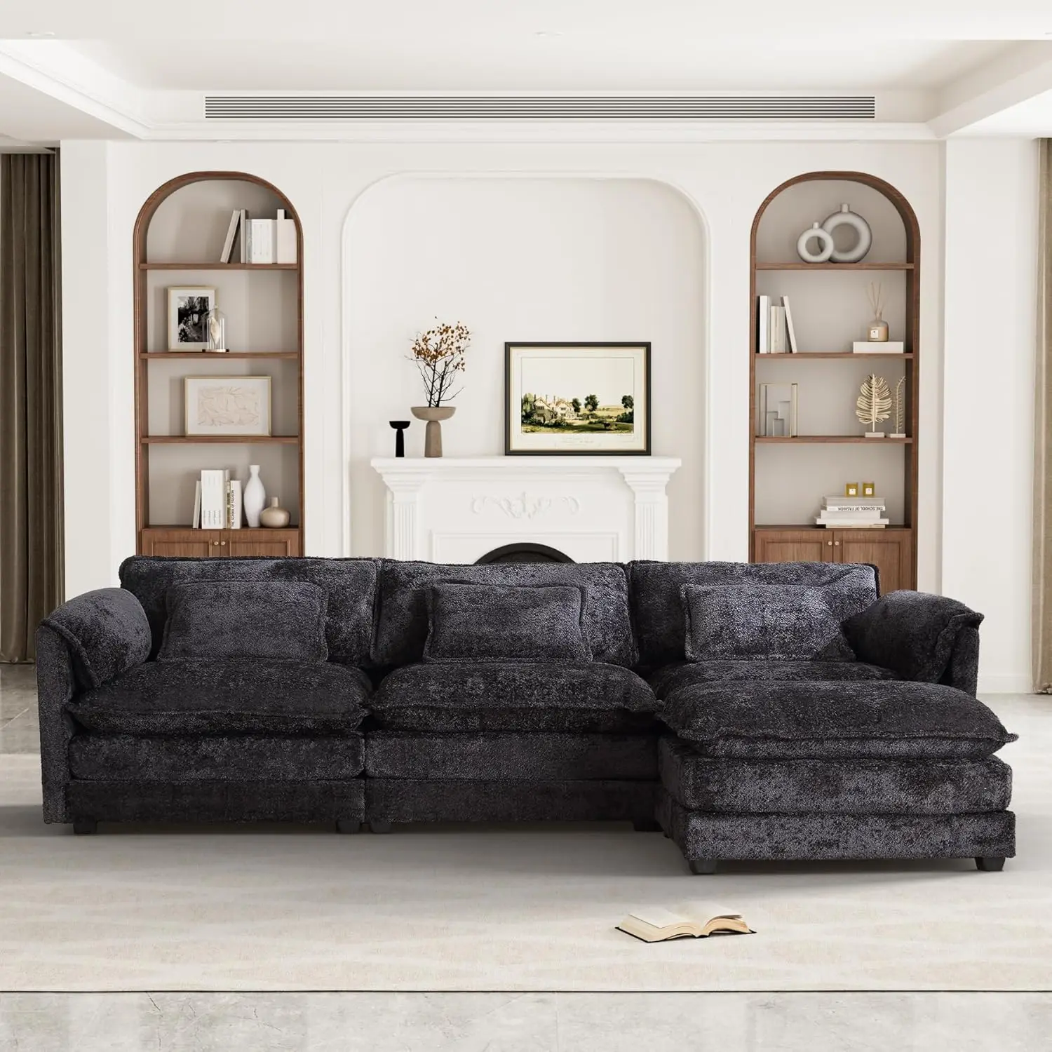 112-calowa nowoczesna tapicerowana sofa w kształcie litery L, wygodna sofa modułowa Boucle z otomańcem i pianką zapamiętującą kształt, czarna