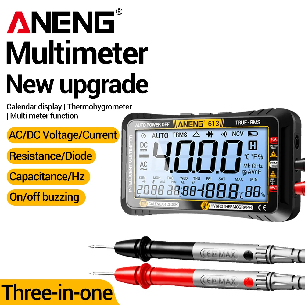 Multímetro Digital ANENG 613 com 4000 Contagens, Testador de Tensão AC/DC, Corrente, Resistência, Capacitância, Frequência, Temperatura e Umidade