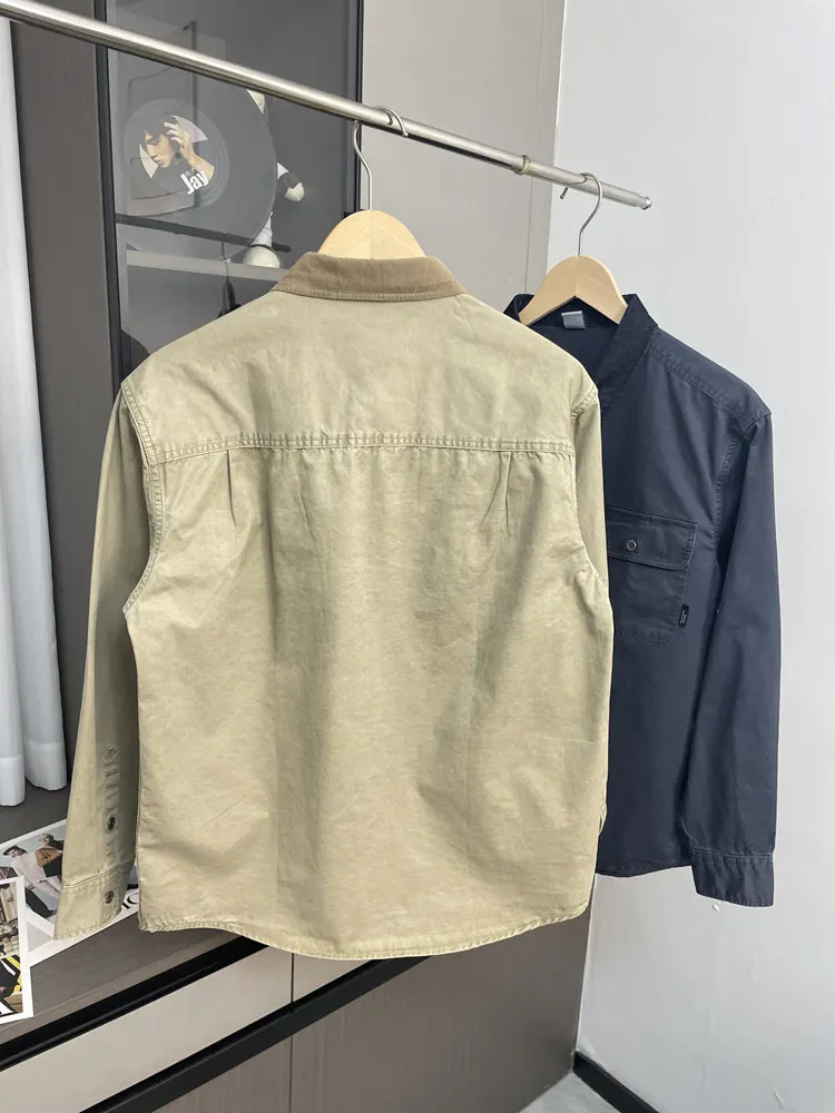American Retro Workwear Style Men Shirt 2026 Autumn New Casual Fashion Corduroy Lapel Spliced Washed Male 100% Cotton Shirts
