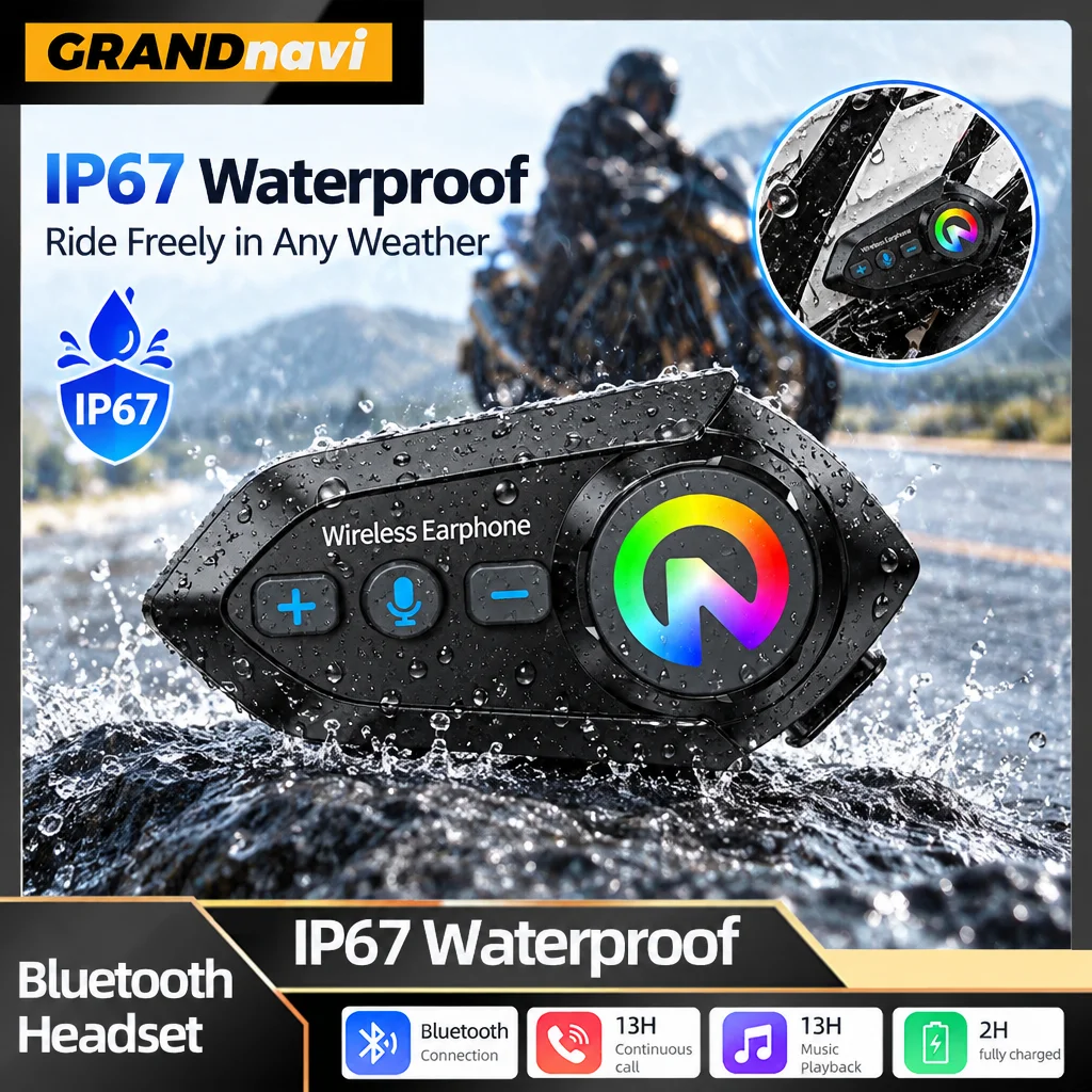 Motorcycle Helmet Headset Bluetooth 5.4 500mAh Battery Life Wireless Hands Free Headphone IP67 Waterproof Noice Reduction Earpho