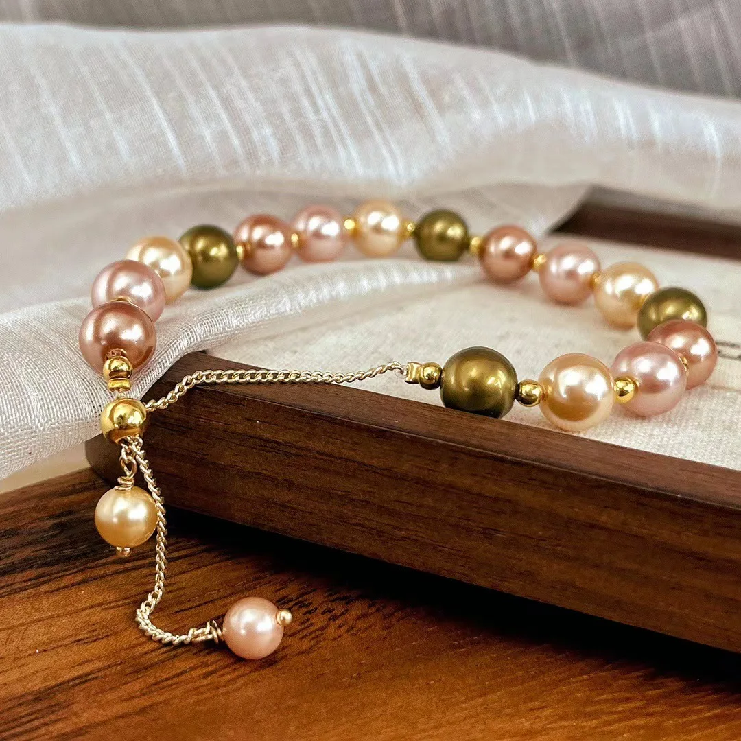 Vintage Iridescent Shell Faux Pearl Bracelet, High-End Jewelry with Rainbow Aurora Shimmer, Elegant Stretch Hand Chain for Women