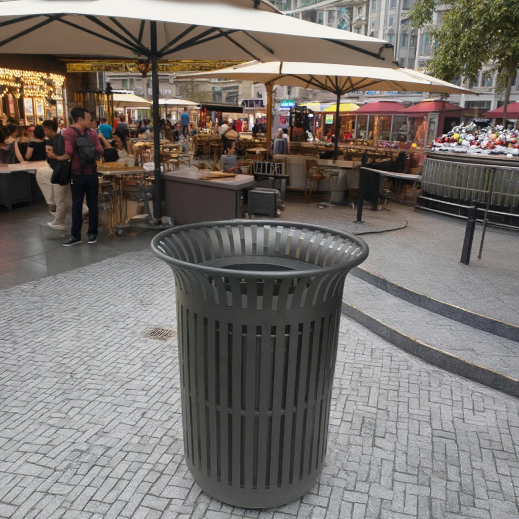 All Weather Commercial 32 Gallon Heavy-Duty Round Black Steel Slatted Outdoor Trash Can with Flat Lid