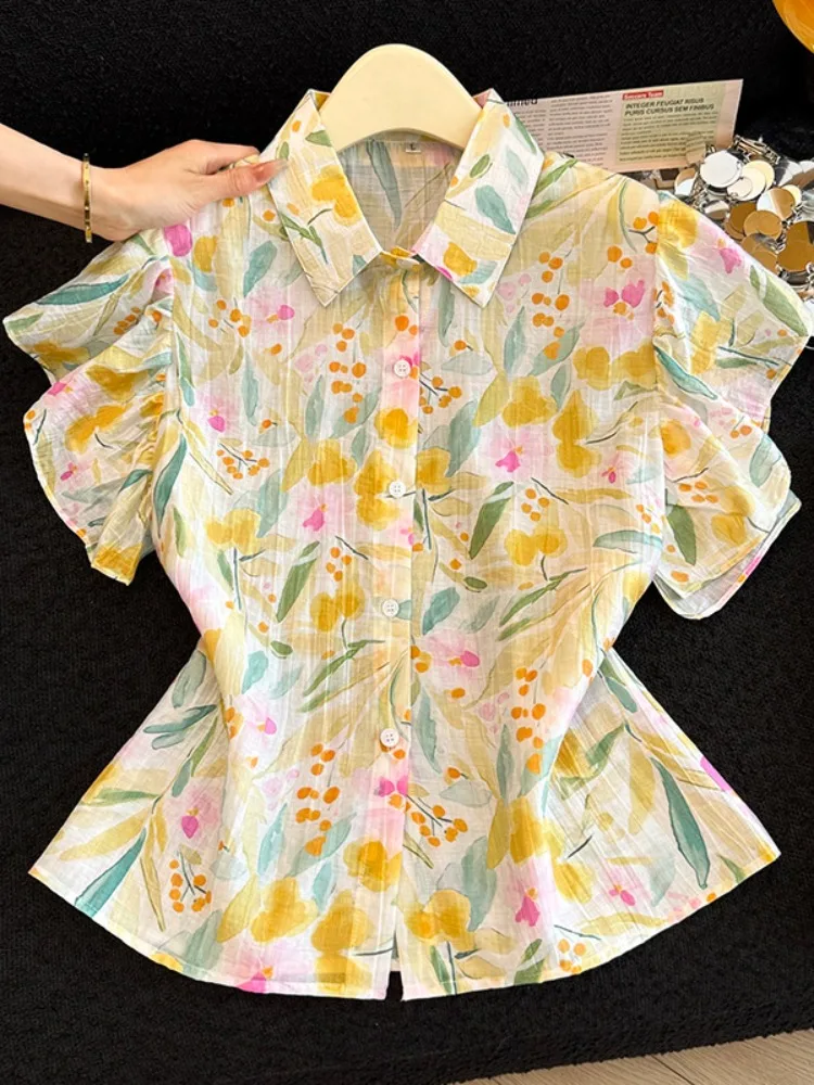 

Casual Comfortable Women's Shirt Summer Fashion Loose Floral Lace Sleeve Breathable Skin-friendly Thin Regular Length