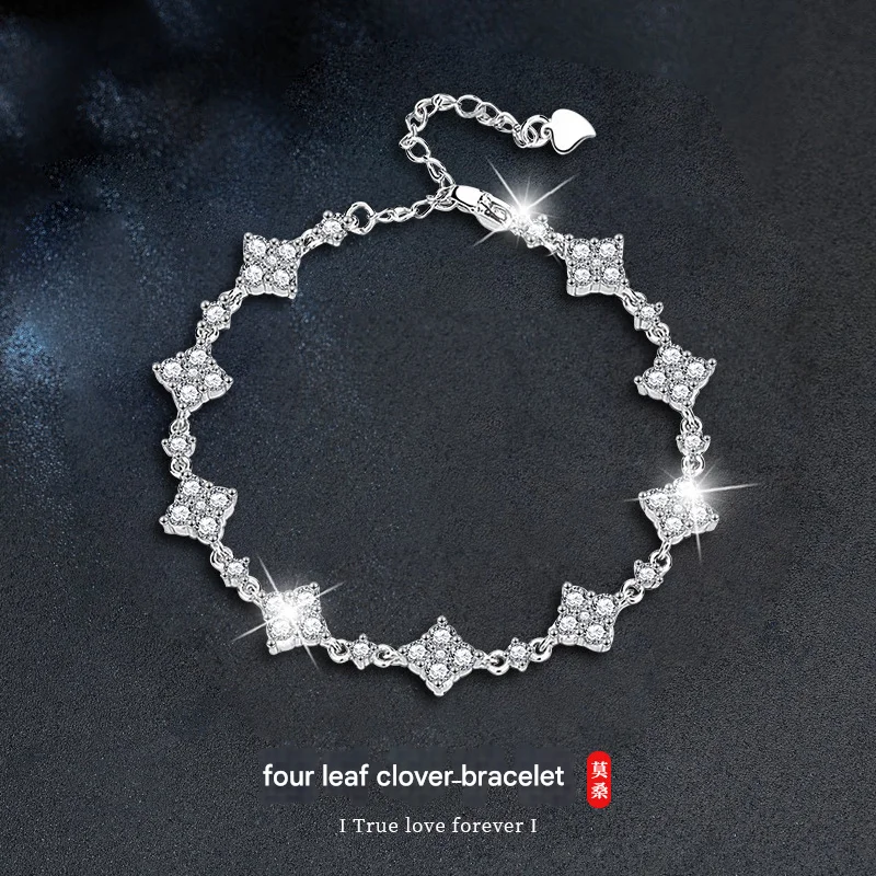 

925 Sterling Silver Moissanite Four Leaf Clover Bracelet for Women Adjustable Four Leaf Clover Bracelet, Exquisite Lucky Jewelry