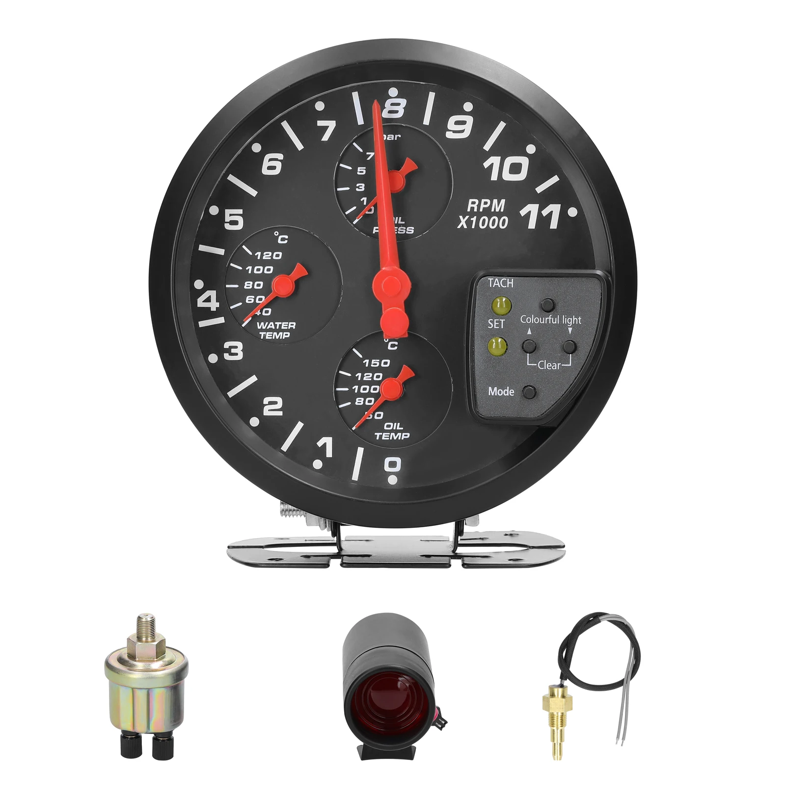 5” 4 in 1 Car Multifunctional Gauge Tachometer Oil Pressure Oil Temperature Water Temperature Gauge Meter Support Alarm Function