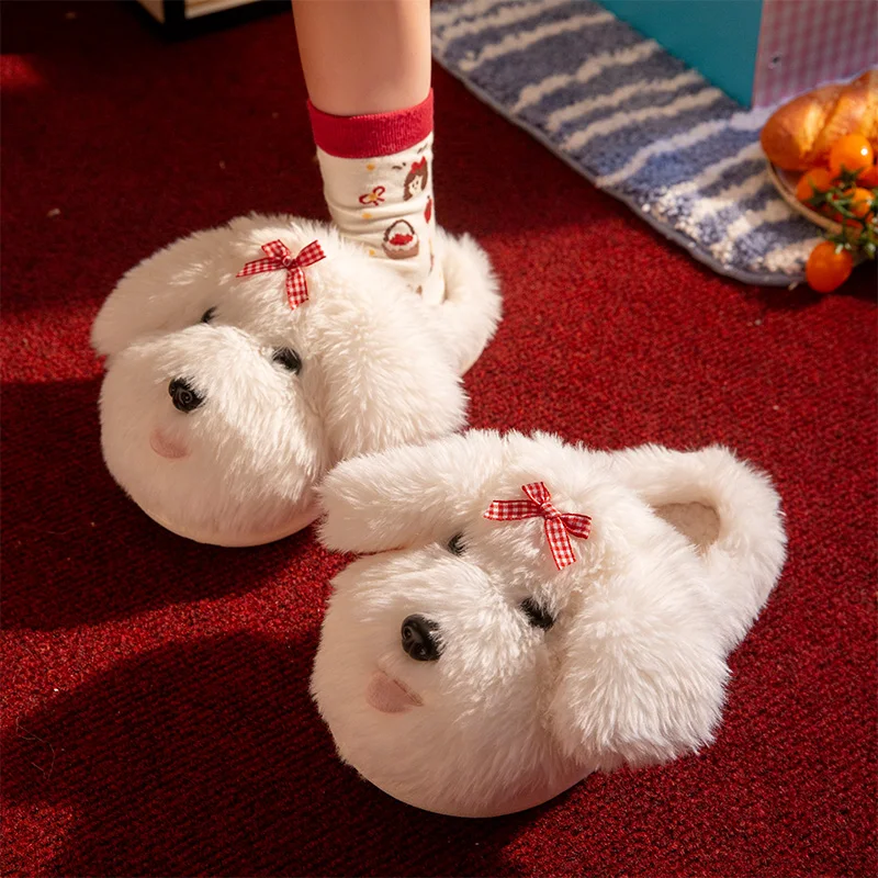SHAJI Lindas Pantuflas de Algodón con Diseño de Perro para Mujer, Pantuflas de Invierno con Lazo Decorativo, Pantuflas Cálidas de Felpa para Interiores, Antideslizantes y Planas para el Hogar