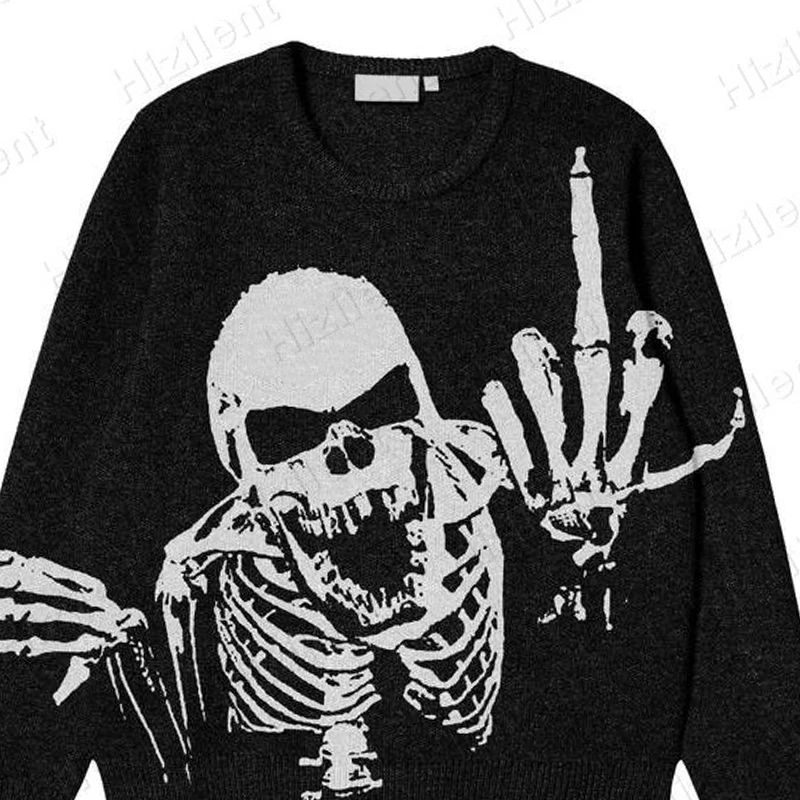 BIG PROMOTION Y2K European and American Autumn and Winter Men\'s Gothic Casual Black Loose Skeleton Print Vintage Knitted Sweater