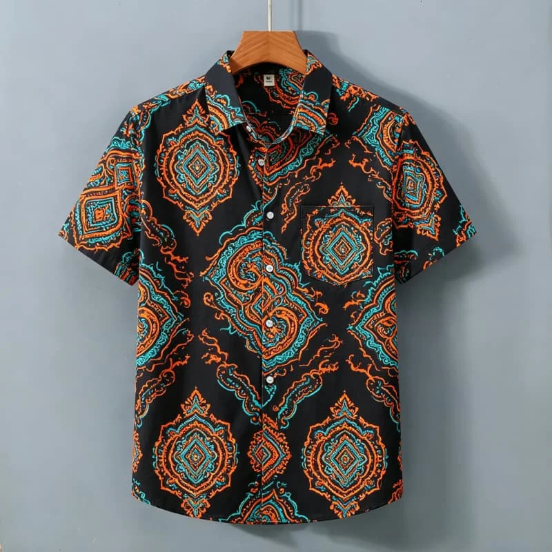 Tribal Totem Printed shirt, men's Short Sleeved Shirt With pockets, Suitable For Daily Wear And Mysterious Tribal Atmosphere