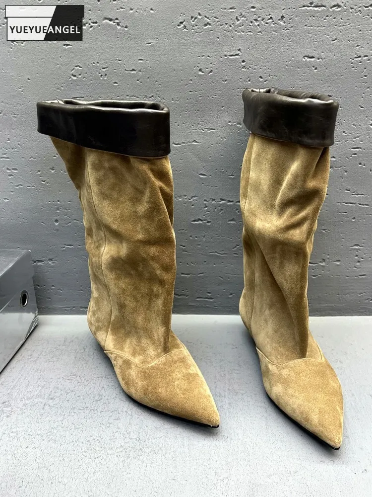 Women Elegant Retro Pointed Toe Low Heels Cow Suede Leather Knee High Boots Lady High Top Winter Knight Boots Biker Riding Shoes