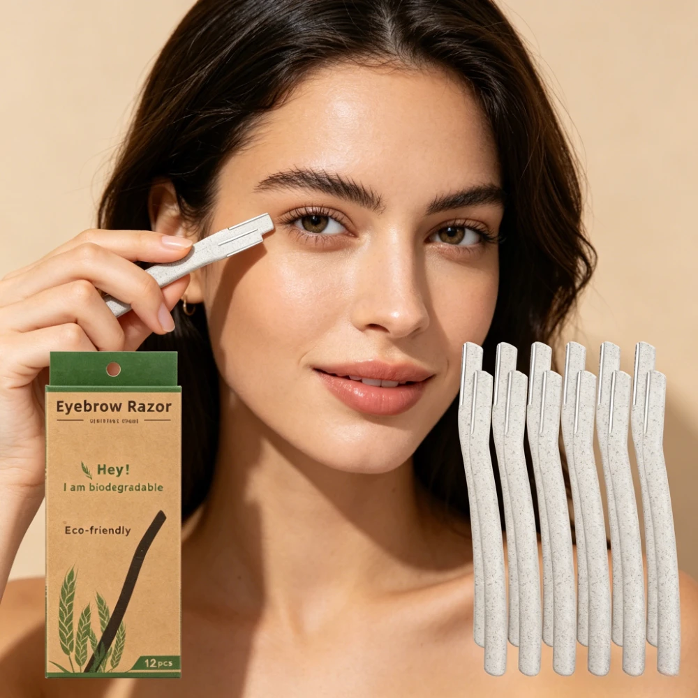 12Pcs/Box Wheat Straw Eyebrow Razor for Women Facial Dermaplane Shaper Biodegradable Precision Tool with Protective Cover