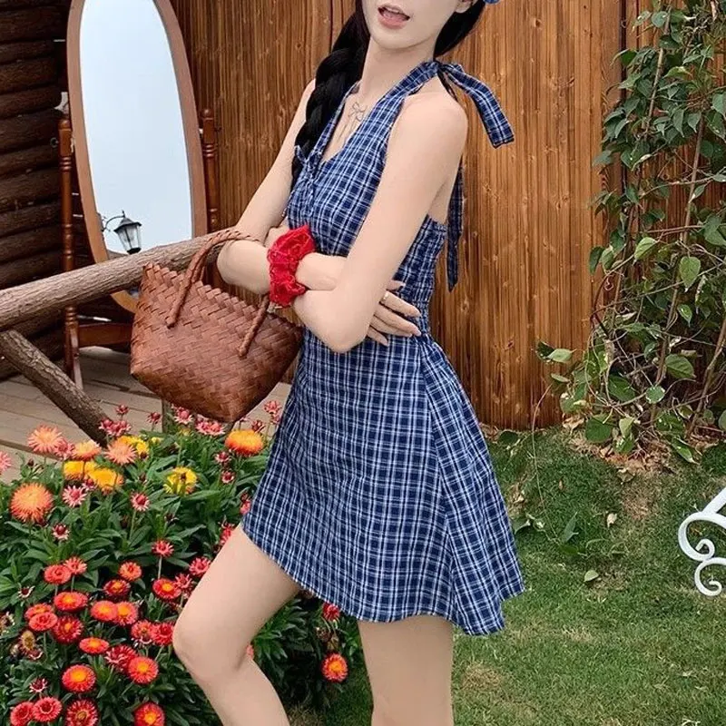 

Women's Clothing Korean Plaid Dresses Sleeveless Summer Hotsweet Halter Stylish Drawstring Vintage A-Line Spliced Mini Dress New