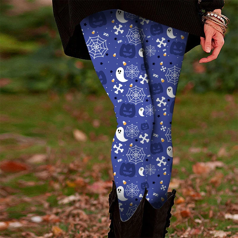 

Women's Plus Size Halloween Pumpkin Print Leggings - Elegant Stretchy Polyester Blend, Machine Washable, Stretchy, Machine Washa