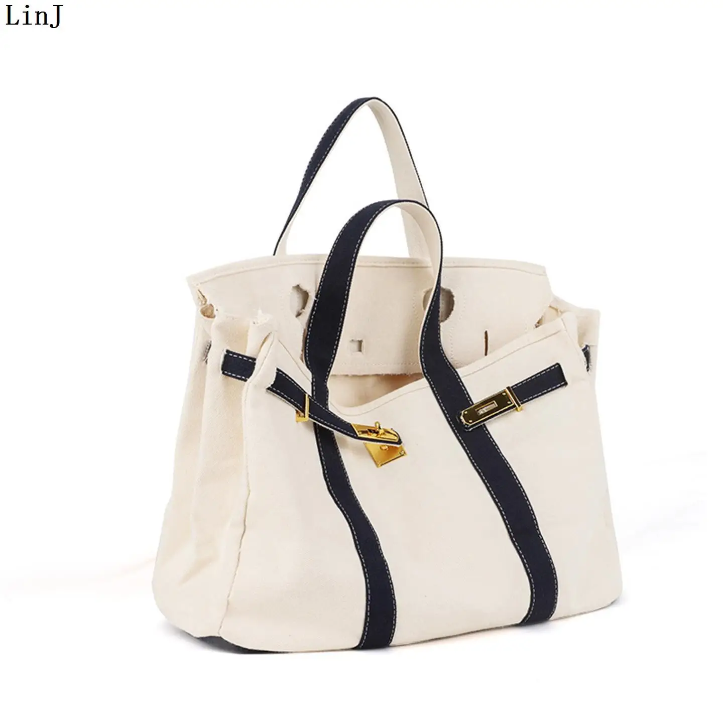 LinJ2026 Women's Canvas Platinum Color Block Handbag Large Capacity Commuter Tote Bag Simple European Fashion Metal Lock