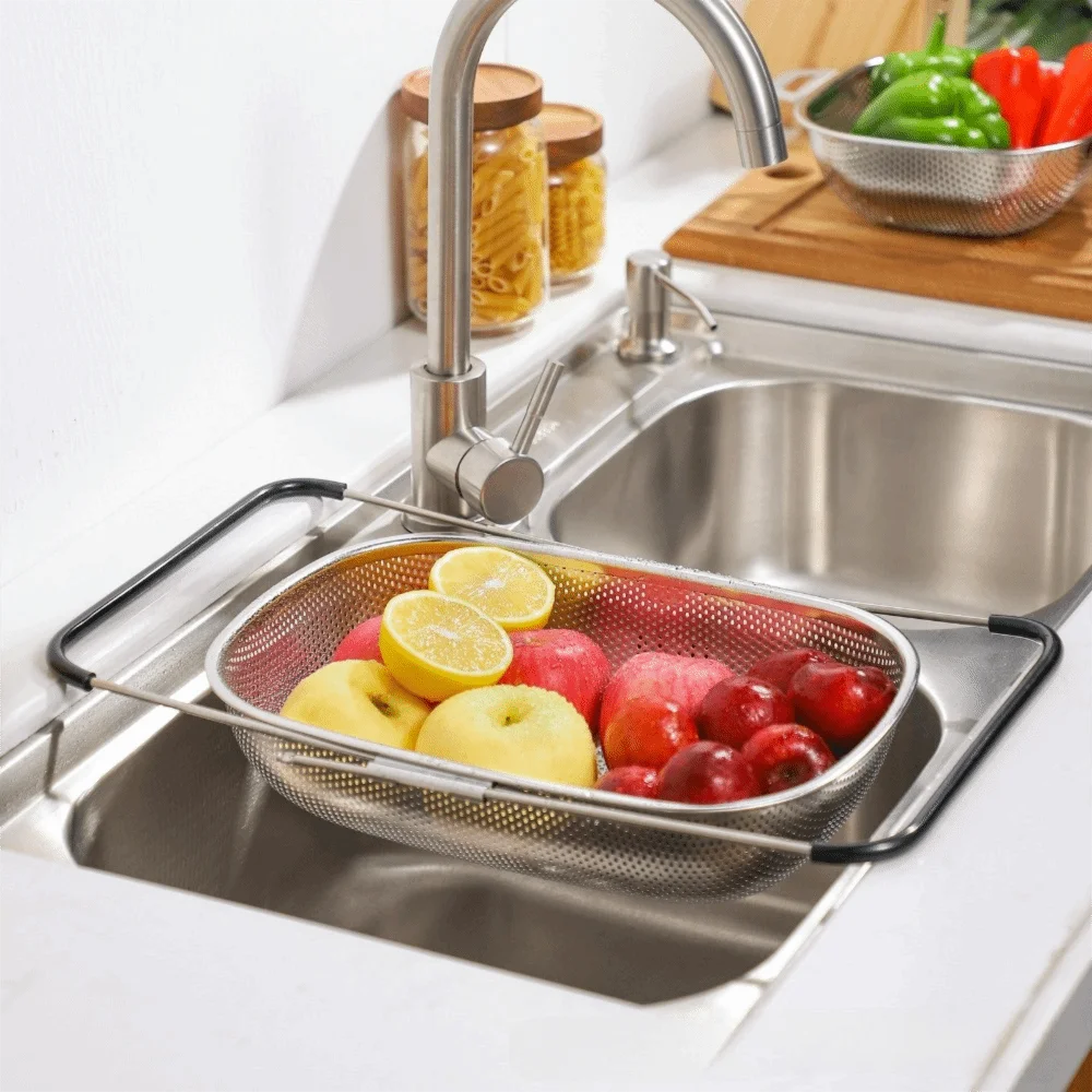 

Многофункциональная корзина-дуршлаг для раковины с мелкой сеткой, нескользящей ручкой, вентилируемая, нержавеющая, для мытья и слива овощей