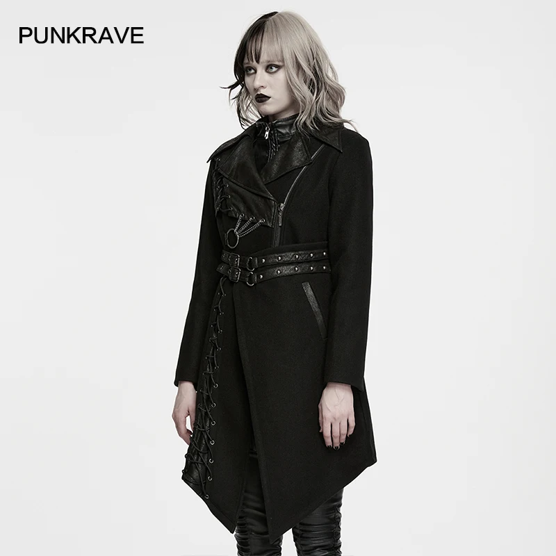 PUNK RAVE Women's Punk Wool Fabric Asymmetrical Jacket Plush Lining Warmth Multi-piece 3D Cutting Large Lapel Collar Club Coat