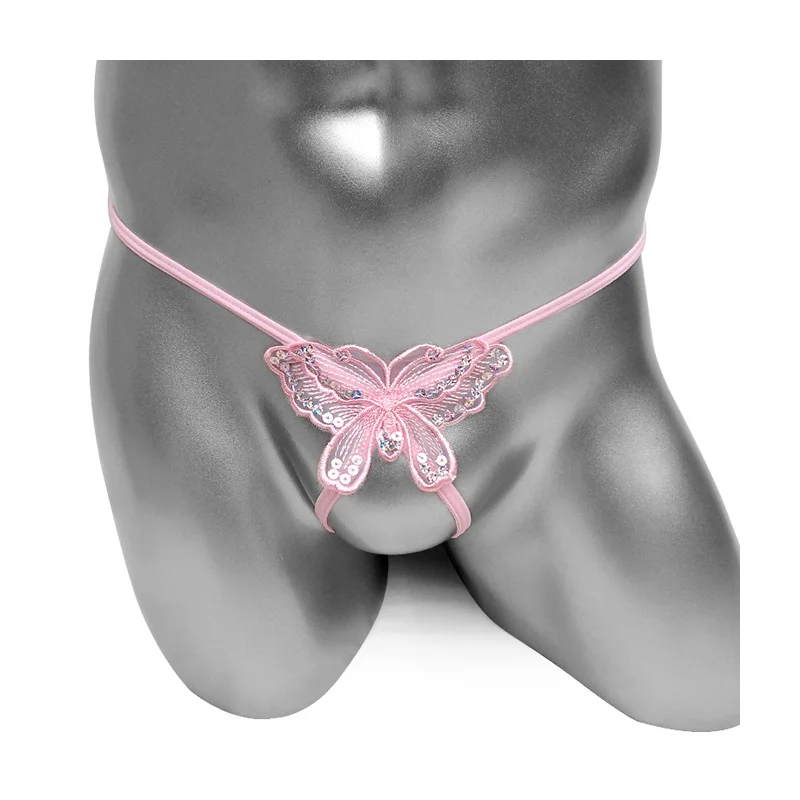 Sexy Sissy Lingerie With Sequin Butterfly Mens Thong Underwear Open Crotch Penis Hole G String Gay Male Open Butt Underpants