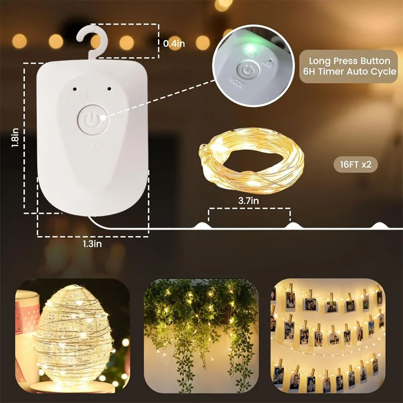 أضواء سلسلة LED قابلة للشحن أضواء الجنية وميض صغير النحاس ضوء الموقت انفصال تصميم هالوين الزفاف زينة عيد الميلاد #6