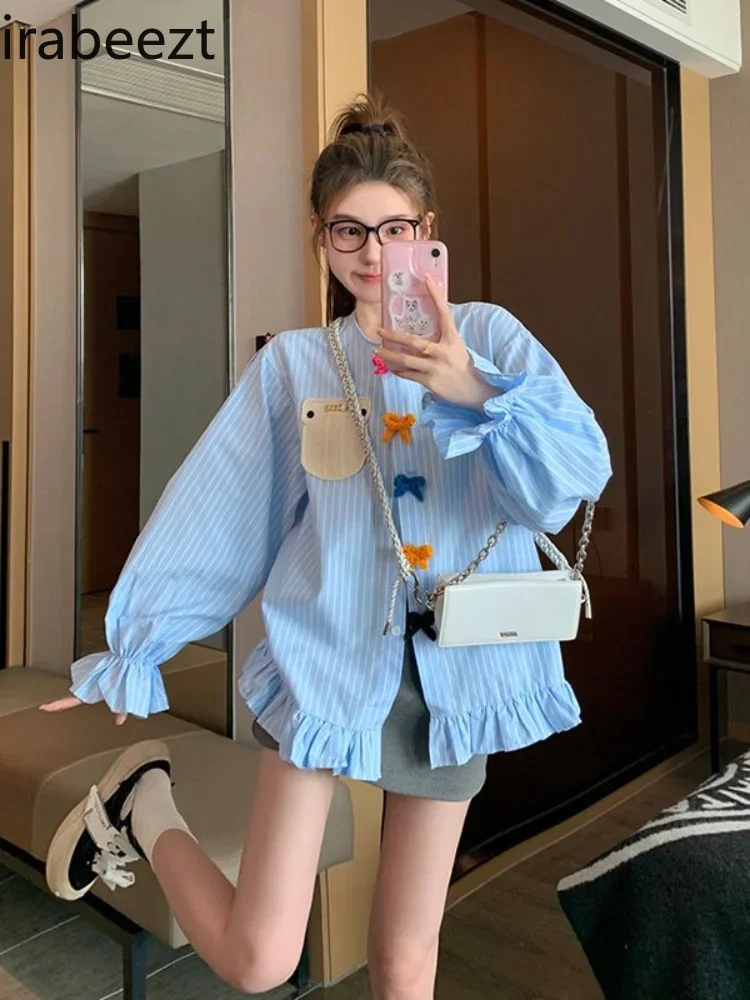 Blue Striped Shirt Bow New 2024 Early Spring Design Sense French High-grade Loose Long-sleeved Blusas Femininas Elegantes