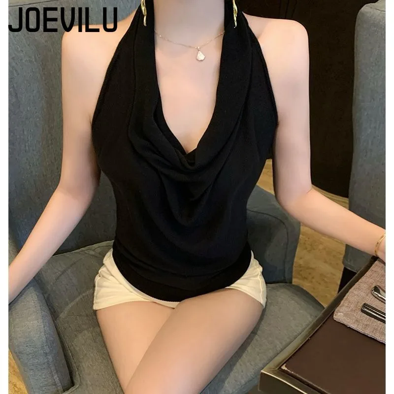 JOEVILU Sexy tricot croix Camisole gilet épicé fille col suspendu été nouveau évider bas court col haut t-shirt femmes