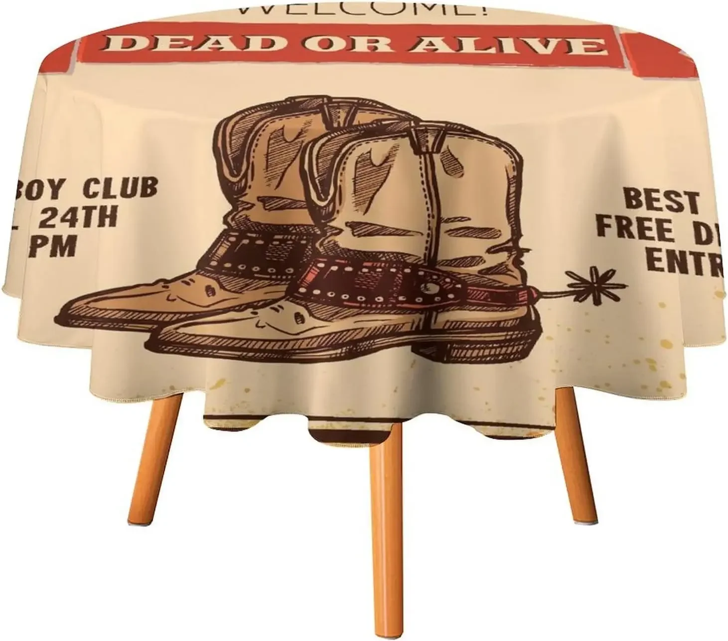 Retro Western Round Tablecloth Rustic Farmhouse Cowboy Leather Boots Hat Print Washable Cover for Home Party Dining Room