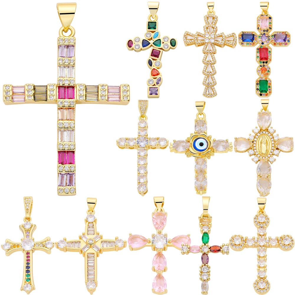 Juya 18K Real Gold Plated Cubic Zirconia Religious Catholic Christian Cross Charms For DIY Talisman Rosary Jewelry Making