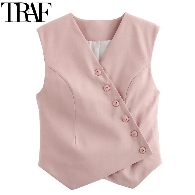 TRAF Asymmetric Women Vest Cropped Sleeveless Jacket Women Waistcoat Summer Office Women\'s Suit Vest Streetwear Short Coats