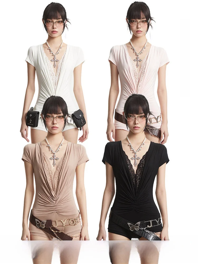 

UNCMHISEX American Sle Sexy Lace Splice V-ne Pleated Slim ort Sve Rer Women's New 2026 High Waist orts Rer