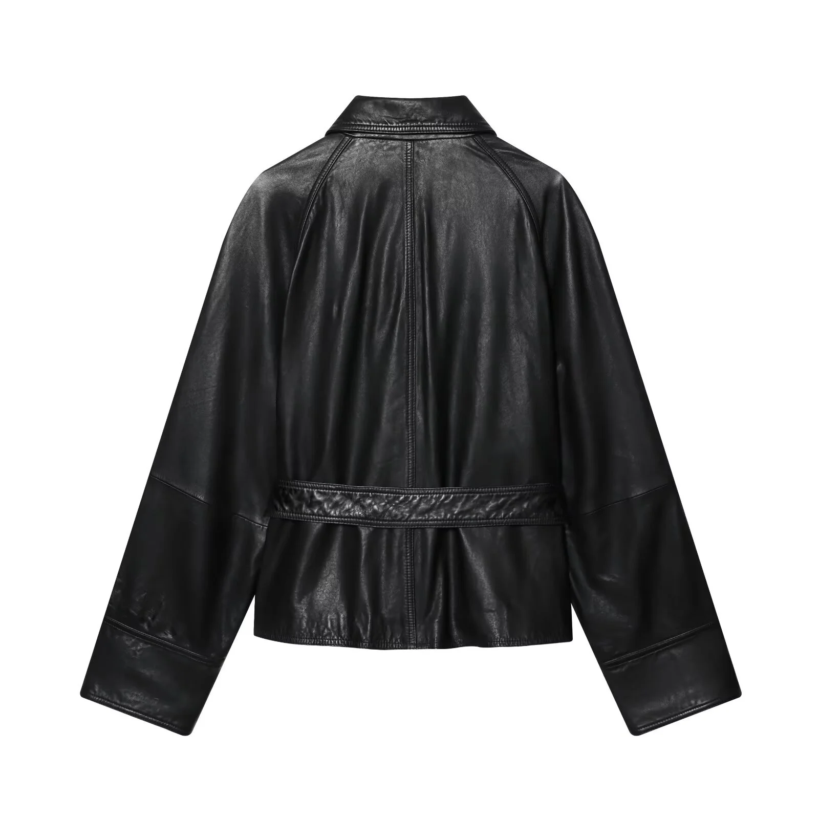 2025 Winter New Women's Casual Fashionable Temperament Lapel Long Sleeve Paired Tie PU Leather Short Jacket